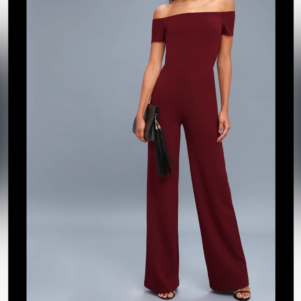 Lulus Maroon off the shoulder jumpsuit
